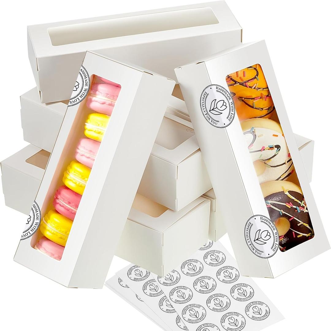 Sherr 100 Pcs Macaron Boxes with Window, White Bakery Boxes with Stickers, Cookie & Dessert Gifts Containers for Chocolate Covered Strawberry, Truffle, Donuts, Pastry