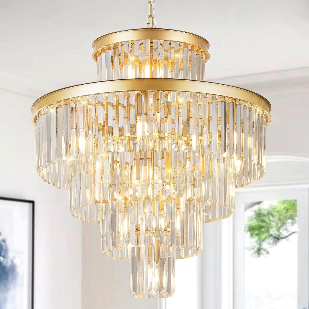 Modern Gold Crystal Chandelier 15 Lights 24" Round Light Fixture Luxury 5-Tier K9 Crystals Chandelier Contemporary Pendant Lighting for Dinning Room Living Room Foyer Kitchen, Big-24”