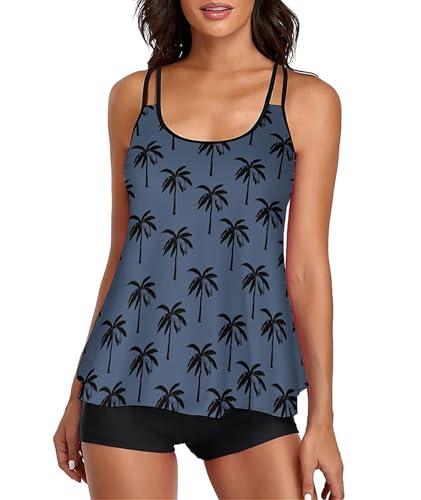 Stylish Swim Suits for Women Slimming Tankini Set Adjustable Straps 2 Piece Swimwear Tropical Hawaii Beach Pool Party Photoshoot Flattering Hides Belly Perfect for Vacation Navy Black Tree XXL