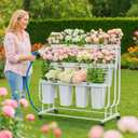 Flower Display Stand Frame, 3-Tier Flower Cart with Wheels, Metal Floral Display Rack , Moving Florist Bouquet Shelf for Shop ,Flower Bar, Events, without Buckets(White, 3 Tier)