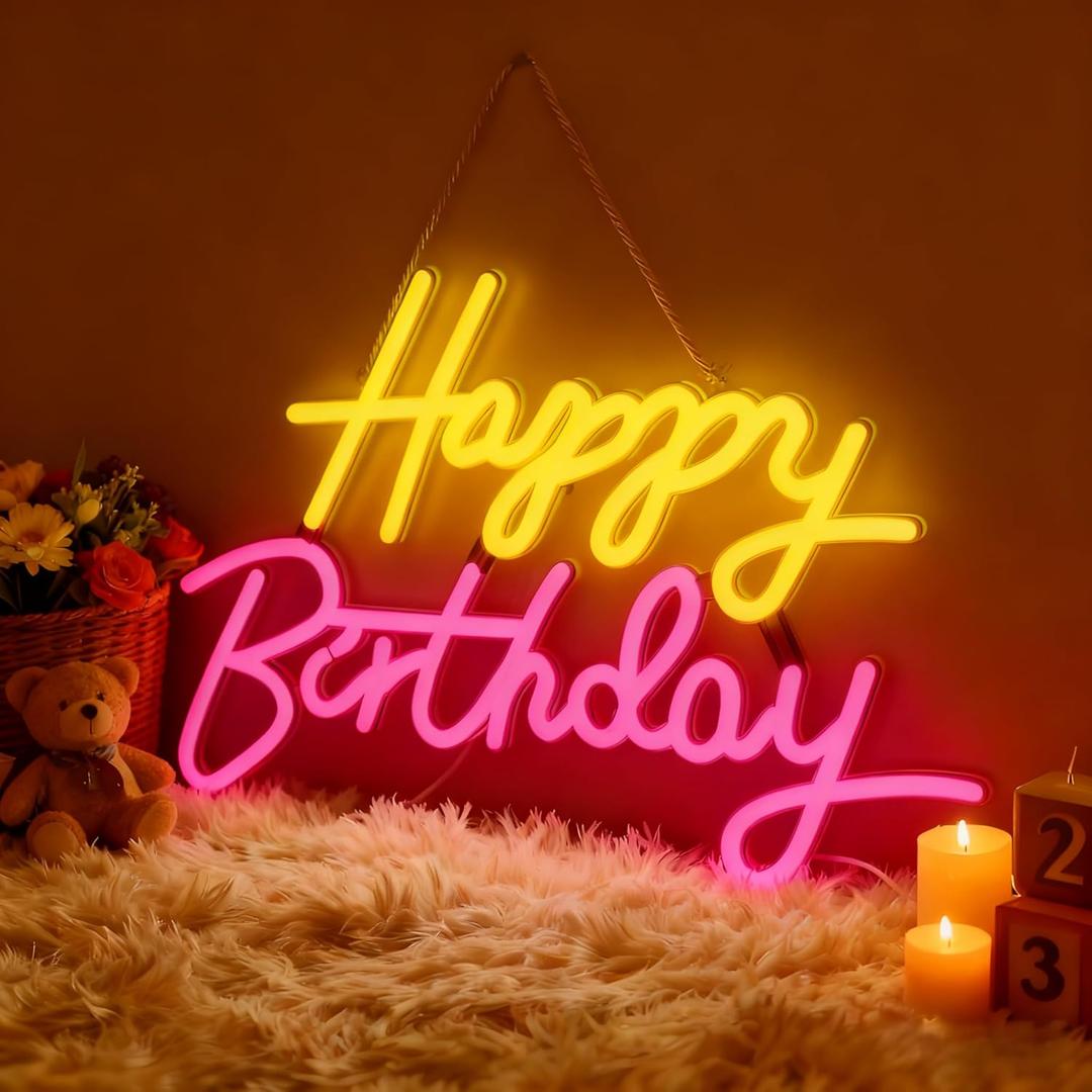 Happy Birthday Neon Sign, Neon Sign for Wall Decor, USB Powered Dimmable Neon Light, LED Happy Birthday Light Up Sign for Party, Perfect for Backdrop Birthday Party Decoration, Yellow and Pink