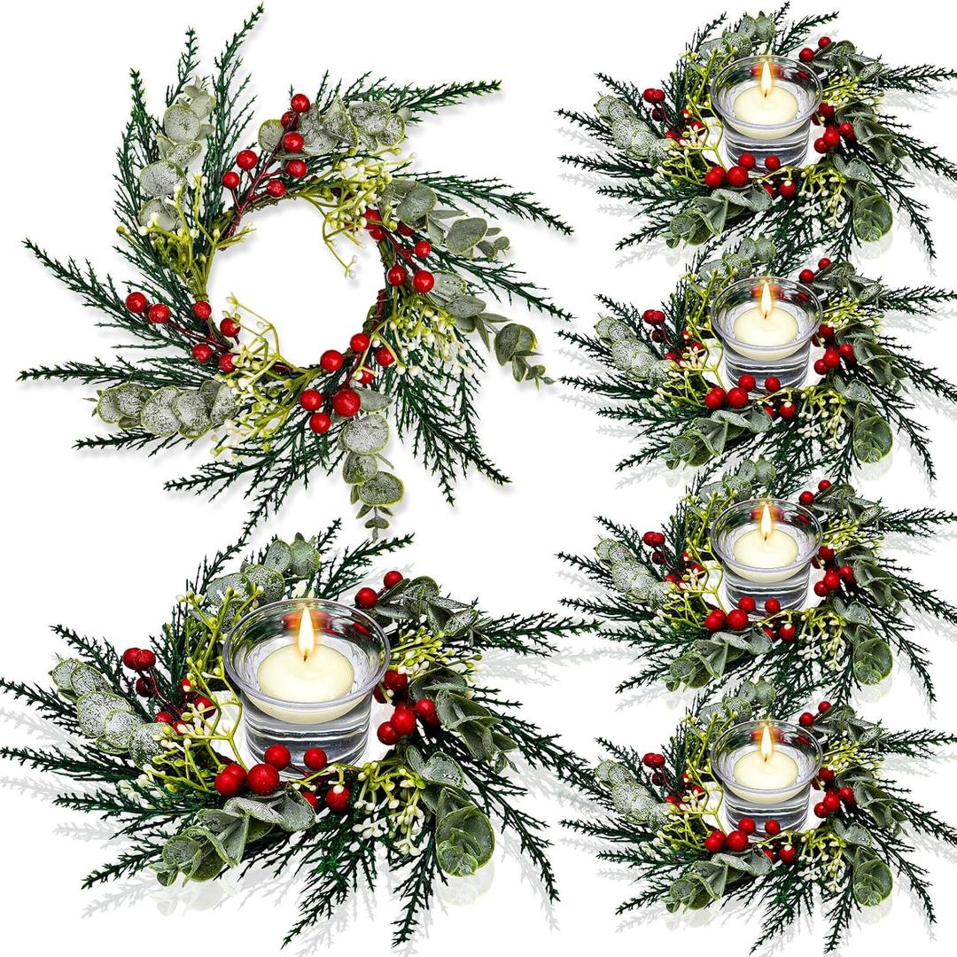 Christmas Candle Rings, Artificial Red Berries, Snowy Pine Needles Garland, Rustic Wedding Centerpiece, Christmas Table Decoration, for Front Door Pillars(12 Pcs)