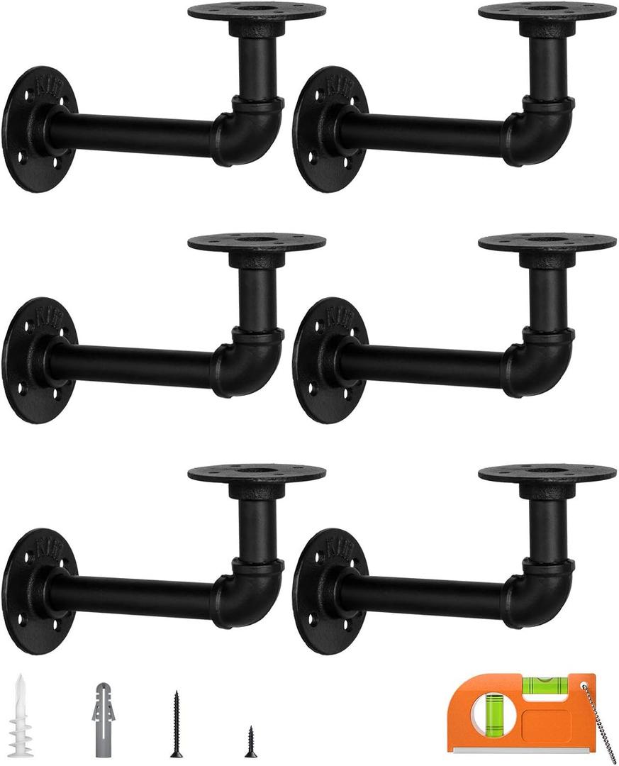 LuckIn Pipe Shelf Brackets for DIY 8 10 12 14 Inch Floating Shelves, Industrial Iron Pipe Bracket, Heavy Duty Metal Shelving Brackets, Black, 6-Pack