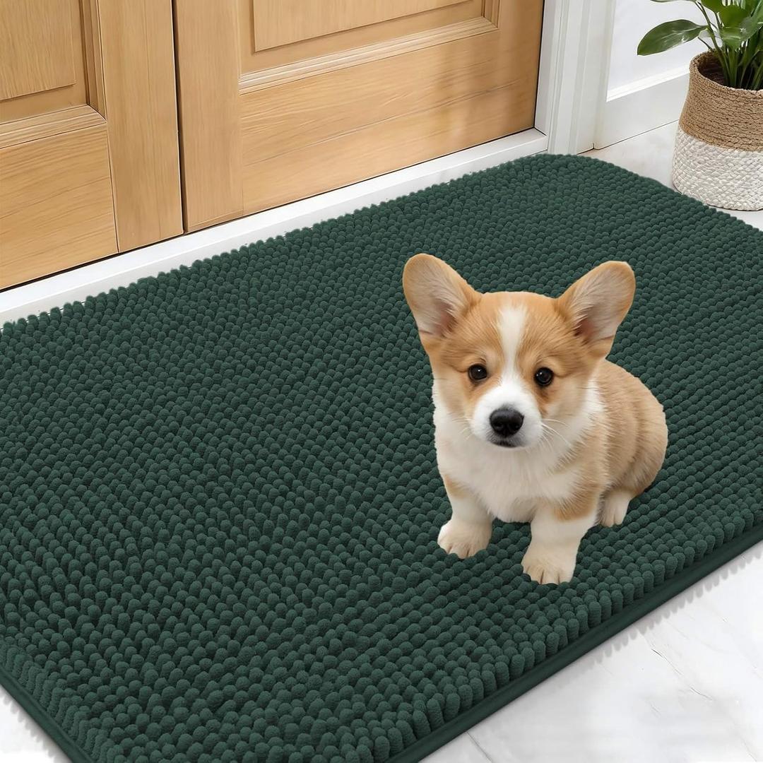 OLANLY Dog Door Mat for Muddy Paws 24x16, Absorbs Moisture and Dirt, Absorbent Non-Slip Washable Doormat, Quick Dry Chenille Mud Mat, Entry Indoor Entryway Carpet for Inside Floor, Blackish Green