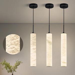 LMQNINE Natural Alabaster Pendant Lights for Kitchen Island White Marble Long Tube Chandelier 4000K Modern Black Ceiling Light Fixtures for Bedroom Dining Room Table Living Room Hallway(M-3Pack)