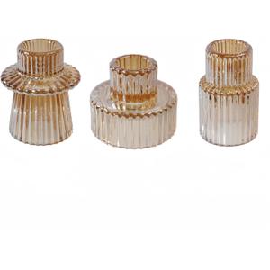 Double Sided Vintage Ribbed Taper Glass Candle Holders,Tea Candle Holder for Table Centerpieces, Wedding Decorations and Dinner Parties (Gold, 3 PCS)