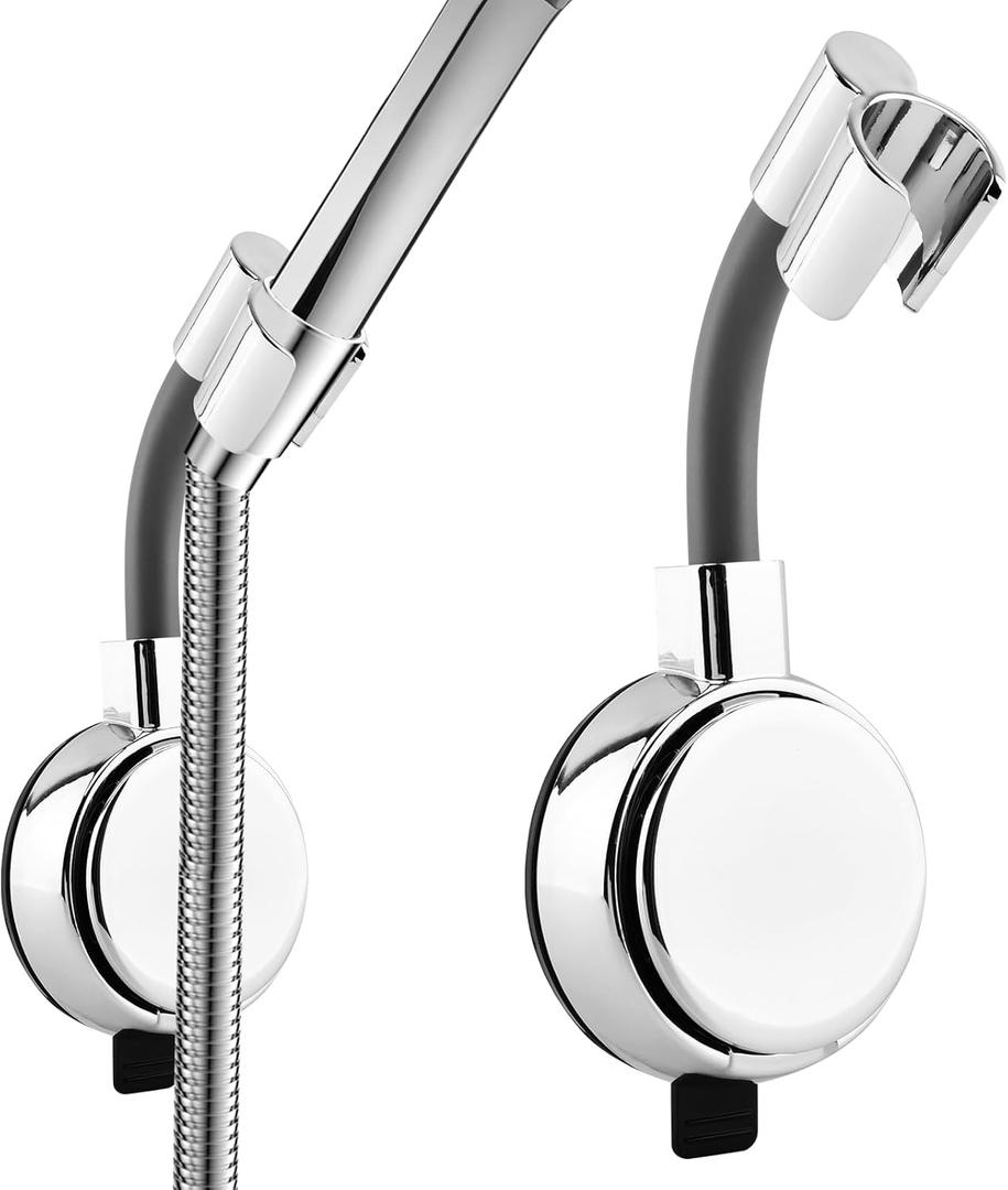 New Extra-Large Dual Suction Cup Shower Head Holder - Chrome Silver, 720 Adjustable, Tool-Free Removable for Bathroom/Balcony(Fits Handheld Shower Heads)