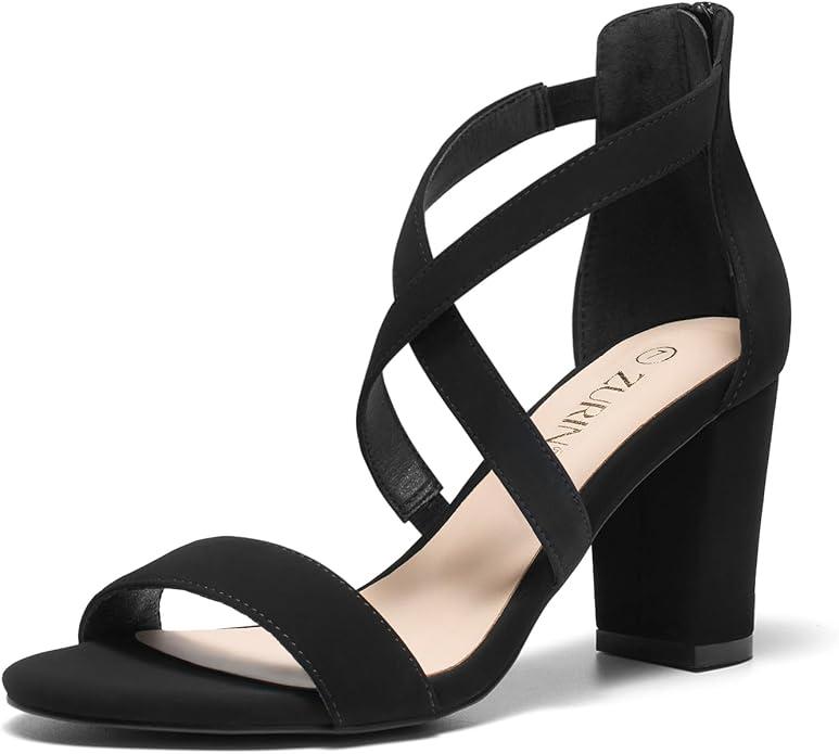 ZURIN Women's Strappy Block Heels Chunky High Heels Sandals Open Toe Ankle Strap Pumps Dress Shoes for Wedding Bridal Evening Party Prom (8.5, Black Nubuck)