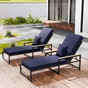 Chaise Lounge Cushions Outdoor Set of 2, Olefin Waterproof and Fade Resistant Patio Furniture Lounge Chair Cushions with Removable Cover, Lounger Pad with Handle & 16 Strap, 80x26x3 Inch, Dark Blue