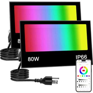 FastDeng LED Flood Light Outdoor 80W RGB Color Changing, Smart Floodlights RGBW 2700K 8000LM Warm White & 16 Million Colors, 43 Modes Stage Lights, Grouping, Timing, IP66 Waterproof (2 Pack)
