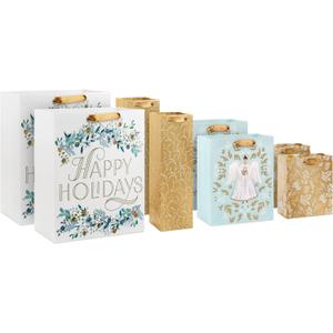 Hallmark Assorted Glittery Gold Christmas Gift Bags (8 Bags: 2 Small 6", 2 Medium 9", 2 Large 13", 2 Bottle 13") Angels, Mint Green, Leaves, Happy Holidays