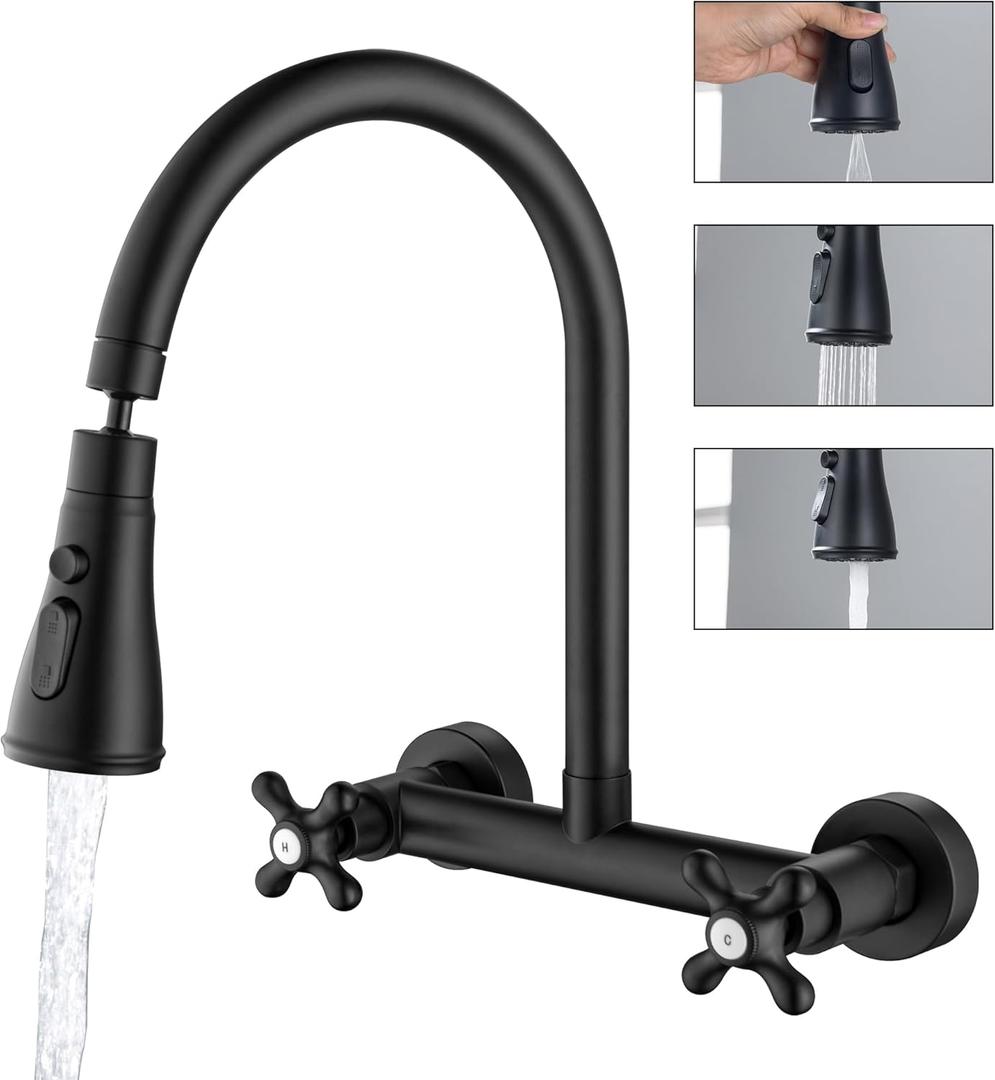Wall Mount Kitchen Faucet, Matte Black Wall Mounted Faucet 8 Inch Center 360 Degree Swivel Spout Commercial Sink Faucet with 3 Function Sprayer