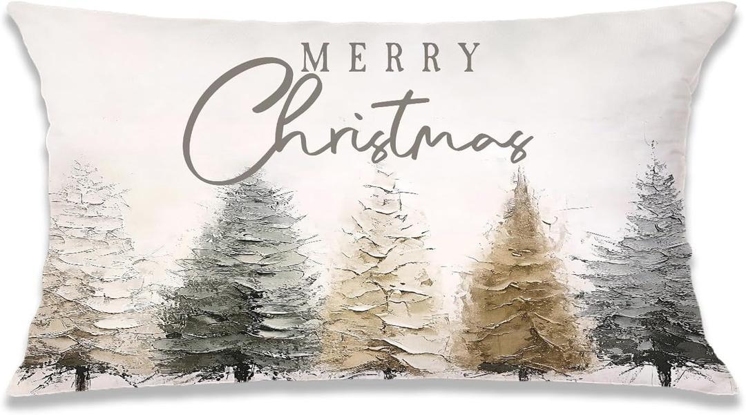 Neutral Merry Christmas Tree Pillow Covers 12x20 Double-Sided, Rustic Christmas Decor, Cozy Winter Abstract Pine Tree Lumbar Pillow Covers for Home Bedroom Living Room