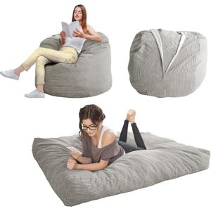 MAXYOYO Giant Bean Bag Chair Bed for Adults, Convertible Beanbag Folds from Lazy Chair to Floor Mattress Bed, Large Floor Sofa Couch, Big Sofa Bed, High-Density Foam Filling, Machine Washable (Queen, Grey)