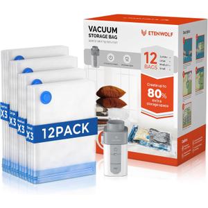 ETENWOLF 12 Pack Vacuum Storage Bags with Rechargeable Wireless Pump, Vacuum Seal Bags for Clothes and Travel, Space Saver Bags in Multiple Carry-On Sizes, Perfect for Luggage and Suitcases