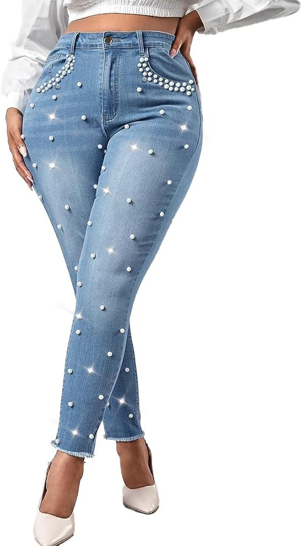 Ladyful Women's Skinny Jeans Classic Mid Waist Stretchy Denim Pants with Pearls Rhinestones (Light Blue), Size S