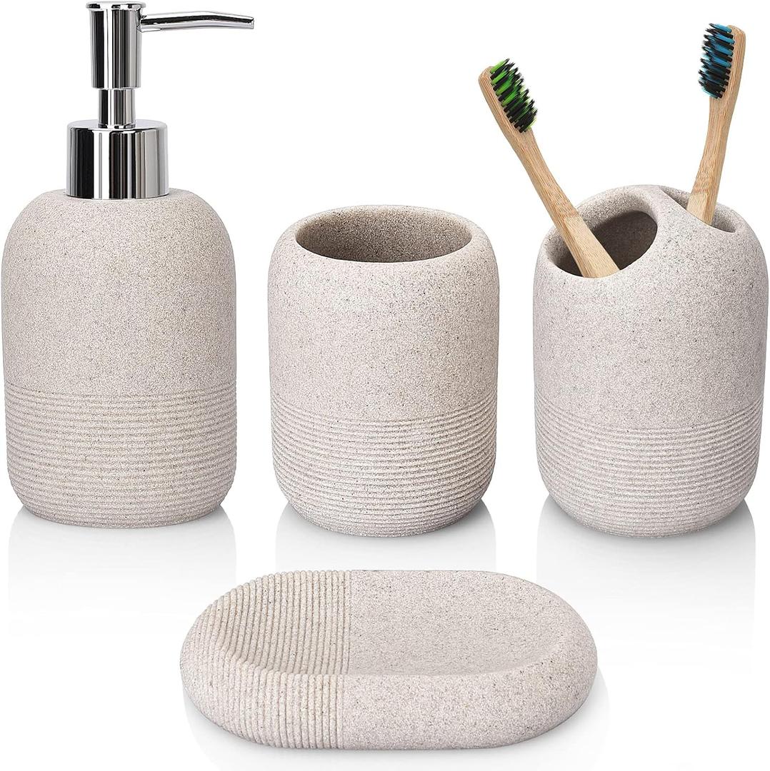 L'ARL GMVOI Bathroom Accessory Set,4 Piece Decor Accessories Sets Complete with Soap Dispenser,Toothbrush Holder,Bathroom Tumbler,Soap Dish for Vanity Countertop Accessories,Beige