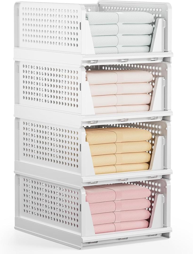 Mavivegue 4 Pack Stackable Closet Storage, Plastic Drawer Basket, Closet Organizers Storage Box for Cupboard, Bedroom, Kitchen, Bathroom, Office, White