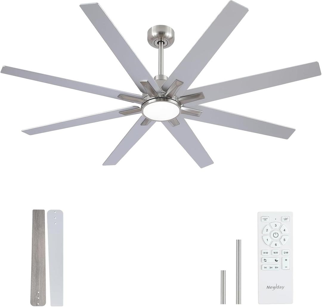 Newday 62 Inch Large Brushed Nickel Ceiling Fan with Light and Remote