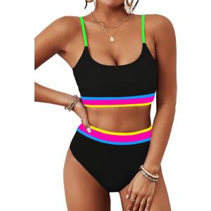 BMJL Women's High Waisted Bikini Ribbed Two Piece Swimsuit High Cut Color Block Adjustable Straps Bathing Suit (X-Large, Rainbow Black Pink043)