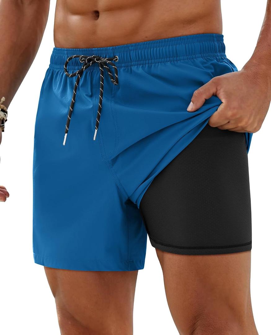 Alimens & Gentle Mens Swim Trunks Compression Liner 5 Inch Inseam Quick Dry Beach Board Shorts with Zipper Pockets Gym