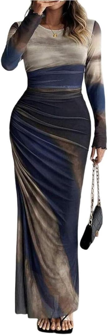 Women 's Long Sleeve Dress Tie Dye Ruched Mesh Slim Fit Bodycon Maxi Dresses S