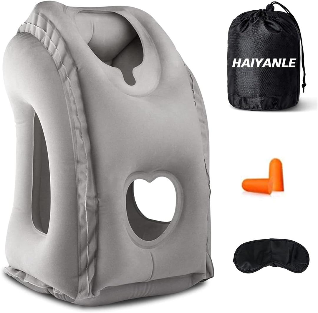 Inflatable Travel Pillow - Multifunctional Travel Pillow for Adult Chin Supporting Travel Neck Pillow Airplane Sleeper Office Napping Pillow with Eye Mask, Earplugs and Portable Bag
