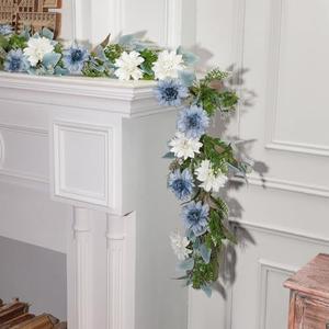 Giegxin 1 Pack 6 ft Artificial Flower Garland with Dahlias and Eucalyptus Blue White Flower Fake Wisteria Vines Summer Greenery Garland for Wedding Mantle Porch Stair Table Indoor Decor