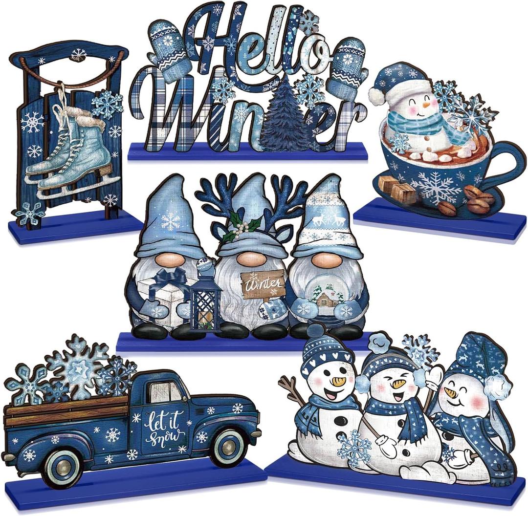 Realspring 6 Pcs Wooden Winter Table Decor Blue Winter Tiered Tray Decor Wood Decorative Gnome Snowman Truck Signs Hello Centerpieces for Kitchen Office Home