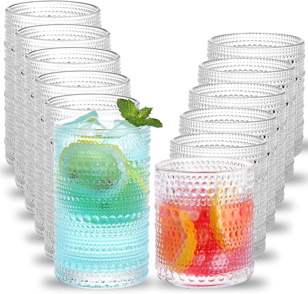 Hobnail Drinking Glasses Set of 12, Vintage Drinking Glasses,12 oz Highball Glasses & 10 oz Cocktail Glasses Set, Durable Glass Cups with Smooth Interior - Dishwasher-Safe ,Home, Parties & Daily Use