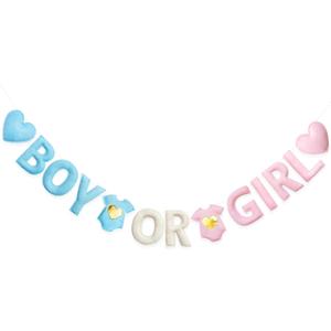Pink Blue Gender Reveal Decorations Pre-Strung Handmade Felt Boy or Girl Sign Baby Clothes Heart Banner for He or She Welcome Baby Shower Party Nursery Home Fireplace Mantle Room Decor
