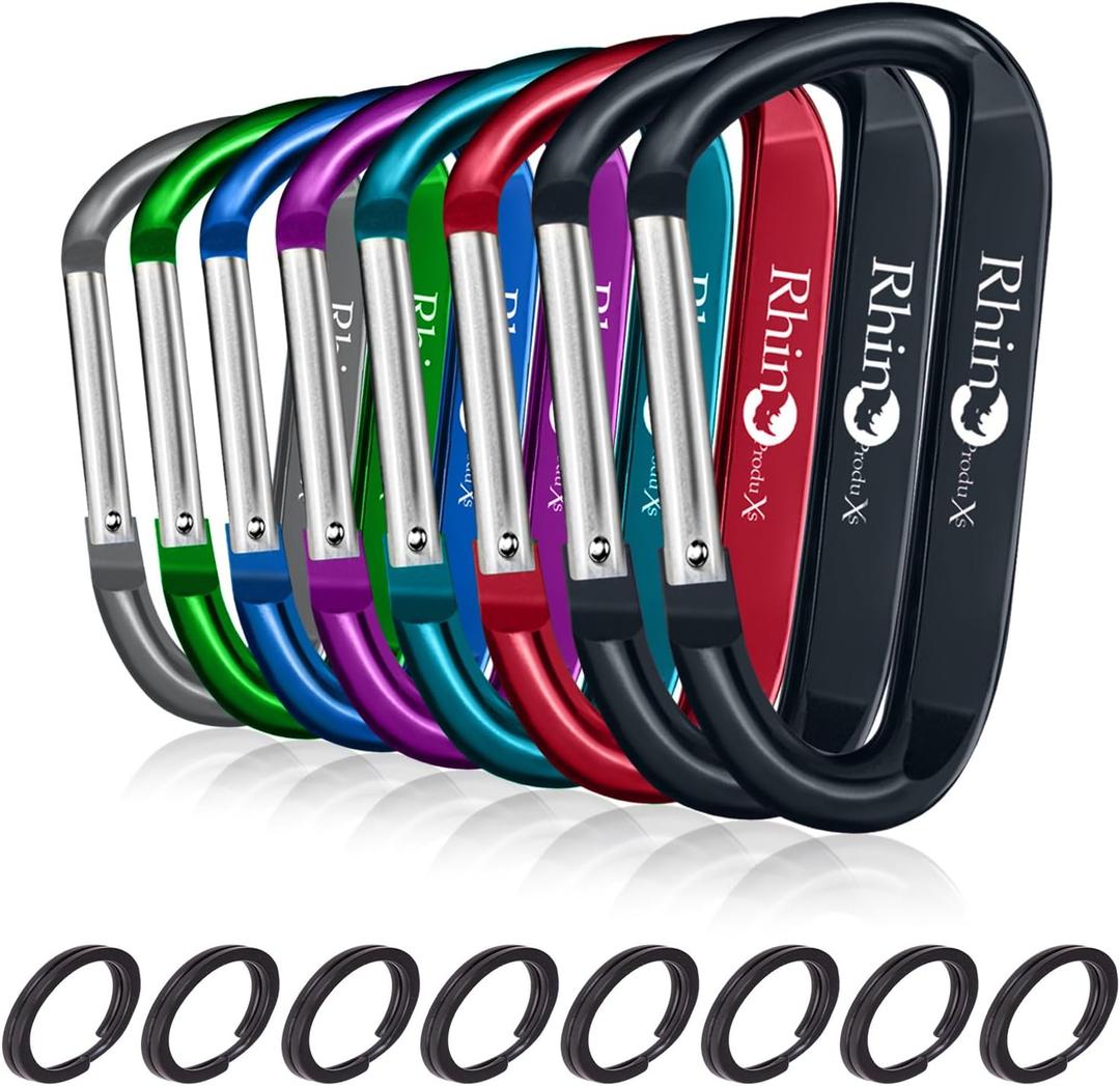 Rhino Produxs 8PCS of Lightweight Duty Snap Carabiner Clips, D Ring Shape Carabiner with 8PCS Keyring - Excellent for Outdoor, Camping, Hiking, Keychains, Water Bottle, Keychain Hook (Lightweight Black+ Grey + Green + Blue + Purple + Red + Dark Blue)