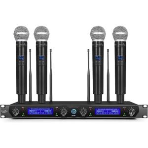 MicrocKing Wireless Microphone System, with 4 Handheld Mics, Metal Build, Fixed Frequency, Long Range 400ft, Ideal for Party/Wedding/Church/Conference/Speech
