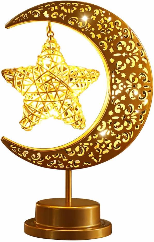 Lifnatty Moon Lamp with Hanging Star, Decorative Crescent Moon Night Light Battery Powered, Retro Metal LED Table Lamp for Bedroom Living Room Boho Home Decor, Gift for Women Birthday Christmas