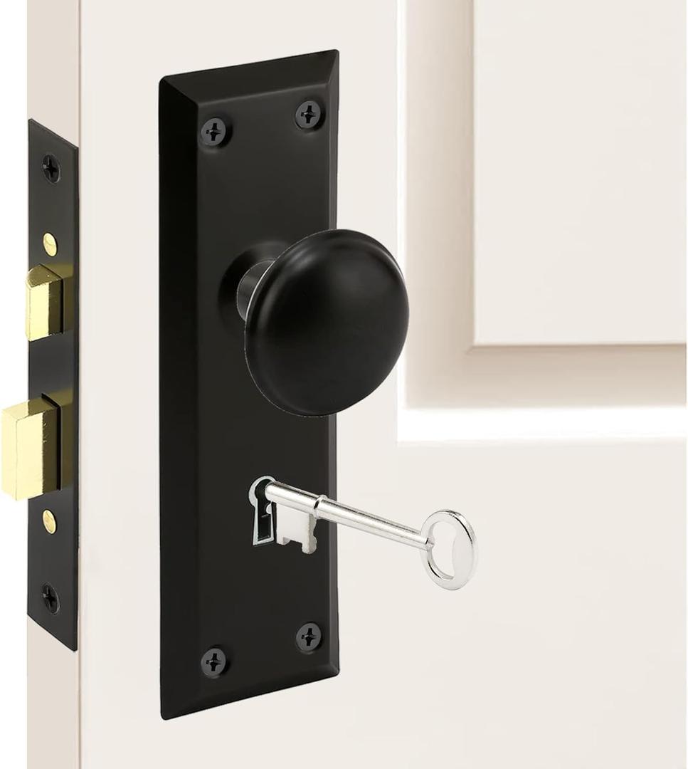 ReigaHood 1 Pack Mortise Keyed Lock Set with Classic Knobs, Perfect for Replacing Broken Antique Door Knobsets, 2-3/8" Backset, Fits 1-3/8" - 1-3/4" Thick Interior Doors, Matte Black