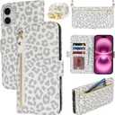 for iPhone 16 Plus Wallet Case for Women,Zipper Pocket,PU Leather Phone Case Stand flip Cover Crossbody Lanyard Strap Zipper Credit Card Holder Slots for Apple 16 Plus,White Leopard