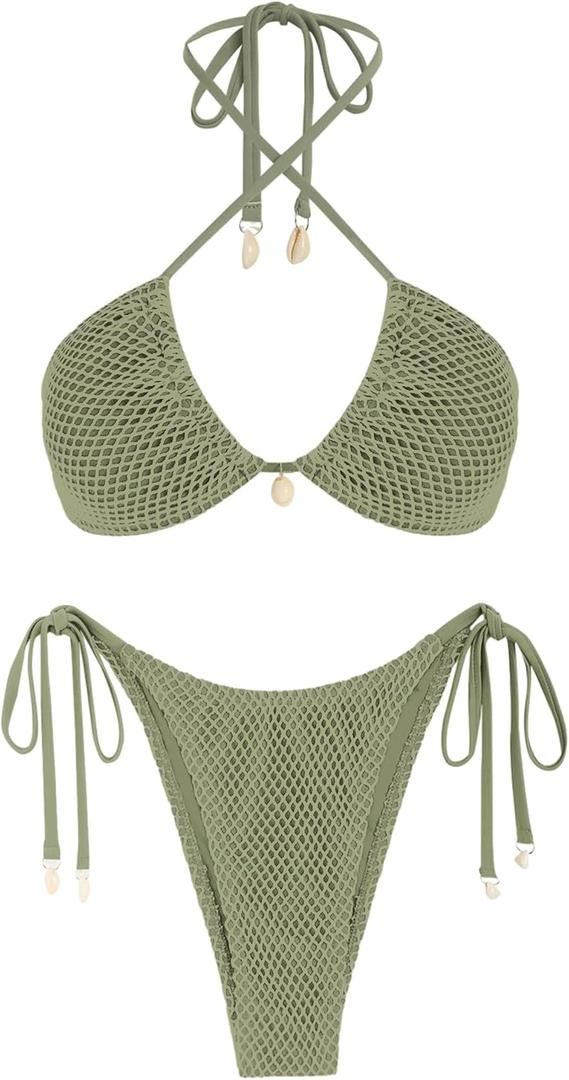 ZAFUL Women's Bikini Set Fishnet Triangle Tie Convertible Collar Halter Bandeau Shell Two Piece Bathing Suit (Green), Small