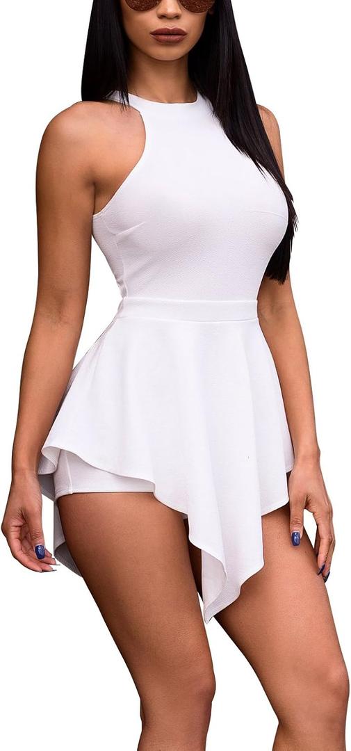 Ophestin Womens Zipper Halter Sleeveless Cutout Irregular Club Jumpsuit Rompers (White, S)