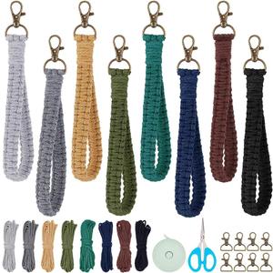 INFUNLY 8 Sets Macrame DIY Wristlet Keychain Kits with Update Instruction Macrame Cord Knotting Kits for Adults Beginners Boho Macrame Keychain Kit Includes Key Rings for Key Gift Macrame Beginners