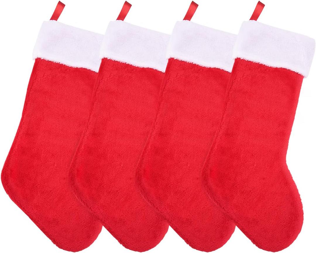 Livder 4 Pack Christmas Stockings Red and White Plush Fireplace Hanging Velvet Stockings for Christmas Decoration Supplies, 20 Inch
