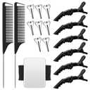 17 Piece Hair Tool Set - Sectioning Rings, Metal Combs, Clips and Magnetic Wrist Pin Holder for Braiding (Black)