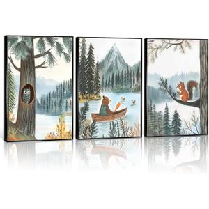 3 pcs Woodland Animal Nursery Wall Art Whimsical Kids wall decoration pictures Bear Owl Squirrel Illustrations Posters Prints for Playroom Toddler Bedroom Home Decor Unframed (12x16in poster)