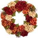 Fall Wreaths for Front Door, 24 inch Autumn Wreath with Hydrangeas Berries Large Fall Door Wreath Artificial Hydrangea Flowers Wreaths Autumn Decorations for Farmhouse Thanksgiving Harvest Door Wall (Brownish Red, Dusty Orange, Light Apricot)