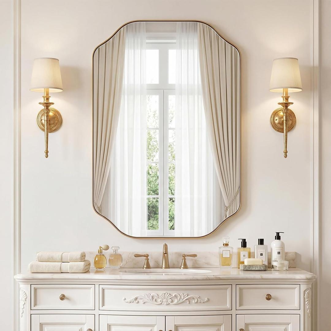 Brushed Gold Mirror, 24x36 Inch Bathroom Wall Asymmetrical Mirror, Irregular Vanity Mirrors with Stainless Steel Frame Modern Scalloped Round Corner 0.8" Deep Wall-Mounted Vertically/Horizontally