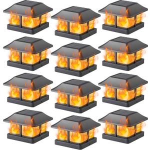 Dynaming 4x4 Solar Flame Post Cap Lights Outdoor, Solar Powered Fence Post Light, Flickering Flame LED Lantern Lamps Waterproof for Garden Deck Patio, Fit Wooden/Vinyl Posts, 12 Pack