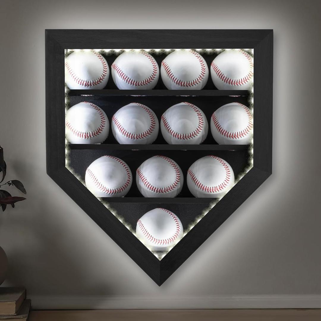 GYaozii Baseball Display Case with Light, LED Baseball Holder Shadow Box for 12 Baseballs Display, HD Acrylic Front UV Protection,Wooden Frame for Collecting Autographed Balls Exquisite Souvenirs