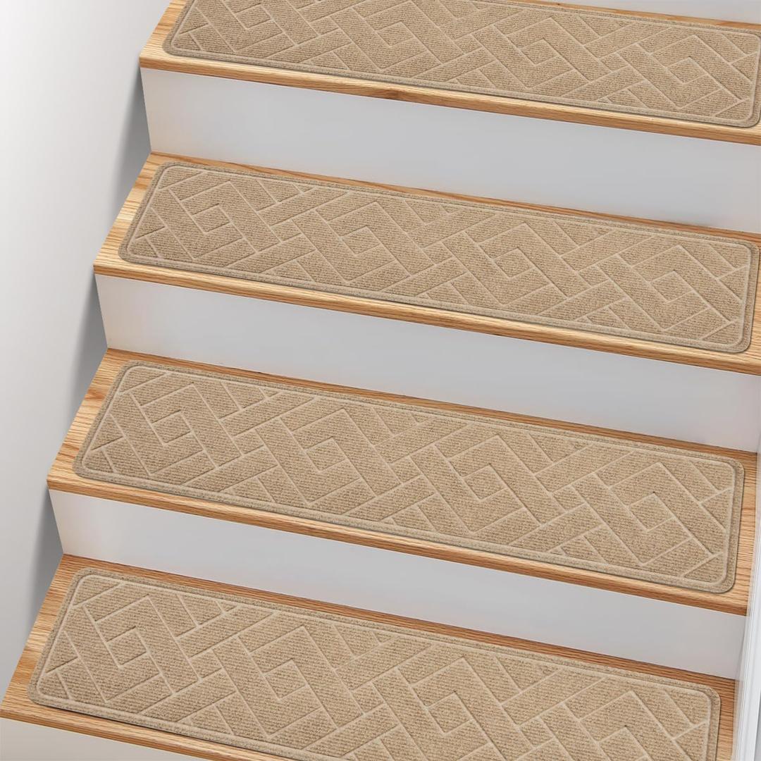 Non Slip Stair Treads for Wooden Steps,15 Pack 8" X 30" Stairs Carpet Treads Indoor with Reusable Peel and Stick Adhesive for Kids Elders and Pets,Polyester TPR Backing (Beige)