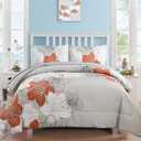 Floral Comforter Set Queen Size, Terracotta Floral Pattern Printed on Light Grey, Soft Microfiber 7 Pieces Bed in a Bag (1 Comforter, 2 Pillow Shams, 1 Flat Sheet, 1 Fitted Sheet, 2 Pillowcases)
