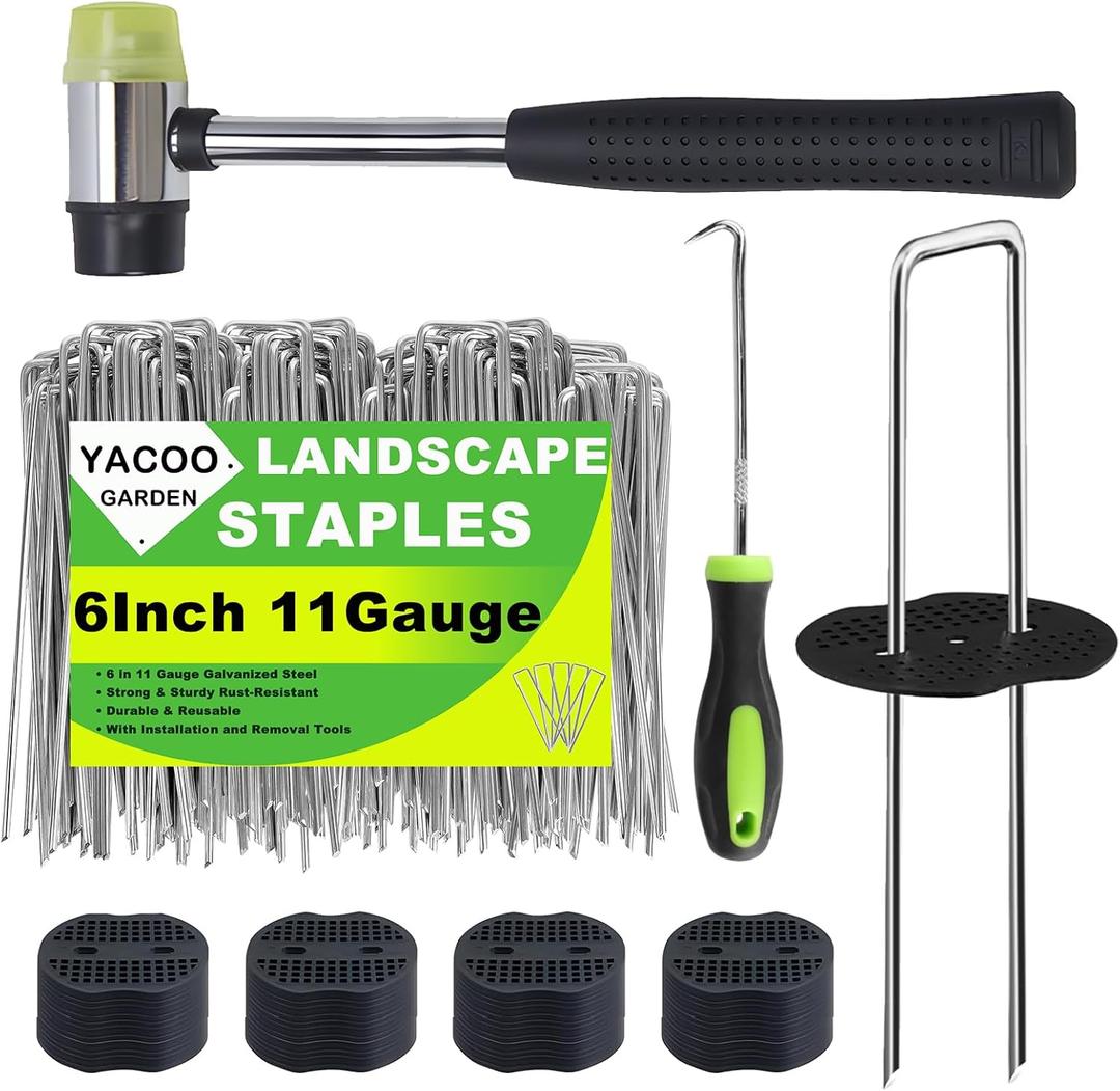 6 Inch Landscape Staples Set, 11 Gauge Galvanized U-Shaped Garden Stakes (100 Pack) with Gaskets, Hook Tool & Rubber Mallet for Weed Fabric & Landscaping