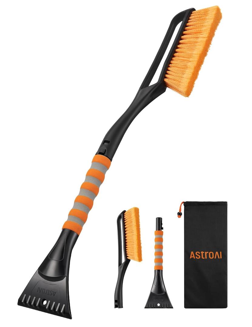 AstroAI 27" Snow Brush and Ice Scrapers for Car Windshield, Detachable Snow Scrapers with Ergonomic Foam Grip for Cars, Trucks, SUVs (Heavy Duty ABS, PVC Brush, Orange) (Small)